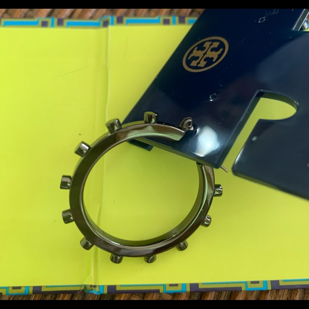 Tory Burch Gun Metal Small Rivet Hoop Earrings Never worn!